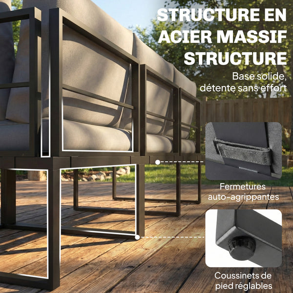 Salon de jardin extérieur 6 personnes - ensemble de canapé extérieur modulable avec table basse et plateaux latéraux en bois PSPC - coussins épais 10cm confortable pour terrasse, balcon gris