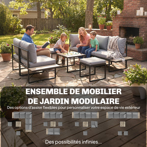 Salon de jardin extérieur 6 personnes - ensemble de canapé extérieur modulable avec table basse et plateaux latéraux en bois PSPC - coussins épais 10cm confortable pour terrasse, balcon gris