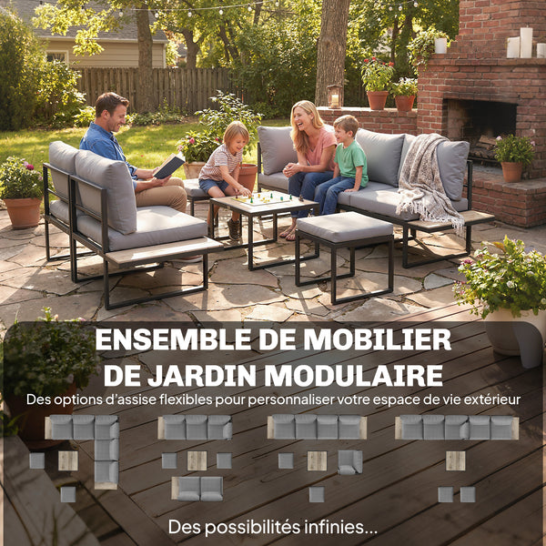Salon de jardin extérieur 6 personnes - ensemble de canapé extérieur modulable avec table basse et plateaux latéraux en bois PSPC - coussins épais 10cm confortable pour terrasse, balcon gris