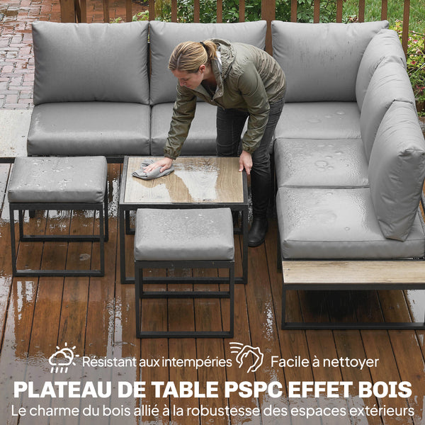 Salon de jardin extérieur 6 personnes - ensemble de canapé extérieur modulable avec table basse et plateaux latéraux en bois PSPC - coussins épais 10cm confortable pour terrasse, balcon gris