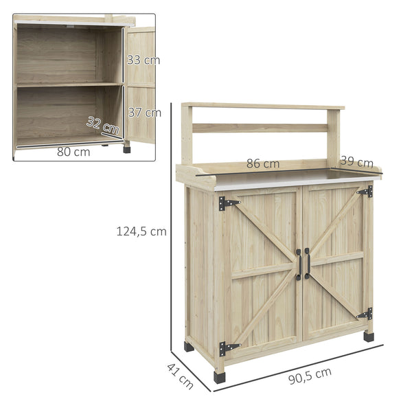 Table de rempotage table de jardinage style rustique avec placard et étagères et plateau galvanisé patins antidérapants en bois sapin pré-huilé dim. 90,5L x 41l x 124,5H cm effet bois naturel
