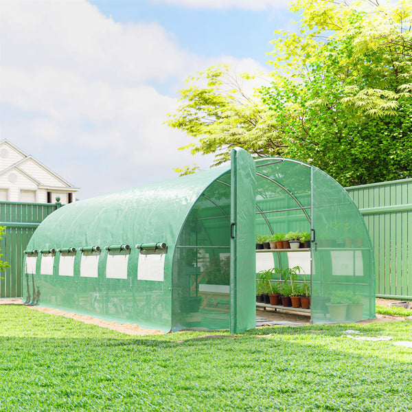 Serre tunnel de jardin 18m², serre de jardin tunnel 295x597x200cm avec portes et 12 fenêtres avec moustiquaires, bâche PE haute densité 140 g/m² prolongée de 20 cm, pour extérieur, vert