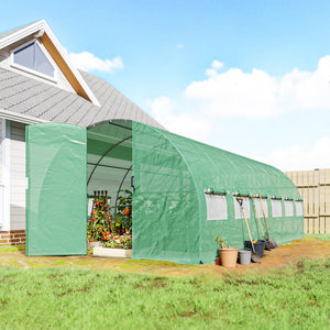 Serre tunnel de jardin 18m², serre de jardin tunnel 295x597x200cm avec portes et 12 fenêtres avec moustiquaires, bâche PE haute densité 140 g/m² prolongée de 20 cm, pour extérieur, vert