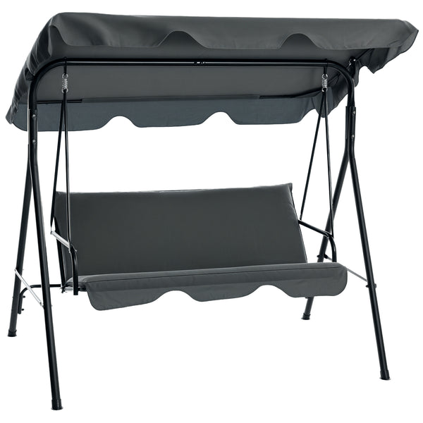 Balancelle de Jardin 3 Places Toit Inclinaison réglable Coussins Assise et Dossier 1,72L x 1,1l x 1,53H m Acier Noir Polyester Gris