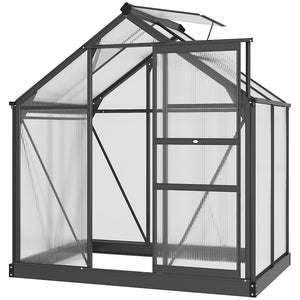 Serre de jardin polycarbonate 2,51 m² serre en aluminium pour le jardin 190 x 132 x 201 cm résistant aux UV, avec fondation renforcé, gouttière, lucarne et porte coulissant, Gris