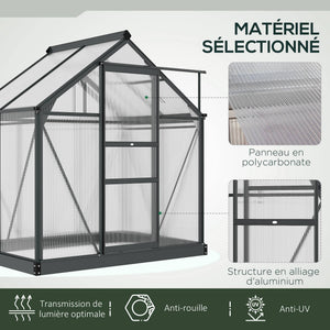 Serre de jardin polycarbonate 2,51 m² serre en aluminium pour le jardin 190 x 132 x 201 cm résistant aux UV, avec fondation renforcé, gouttière, lucarne et porte coulissant, Gris