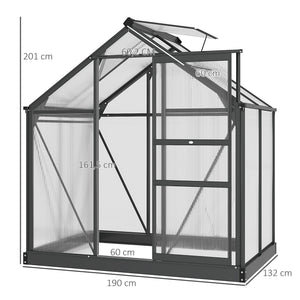 Serre de jardin polycarbonate 2,51 m² serre en aluminium pour le jardin 190 x 132 x 201 cm résistant aux UV, avec fondation renforcé, gouttière, lucarne et porte coulissant, Gris