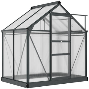 Serre de jardin polycarbonate 2,51 m² serre en aluminium pour le jardin 190 x 132 x 201 cm résistant aux UV, avec fondation renforcé, gouttière, lucarne et porte coulissant, Gris