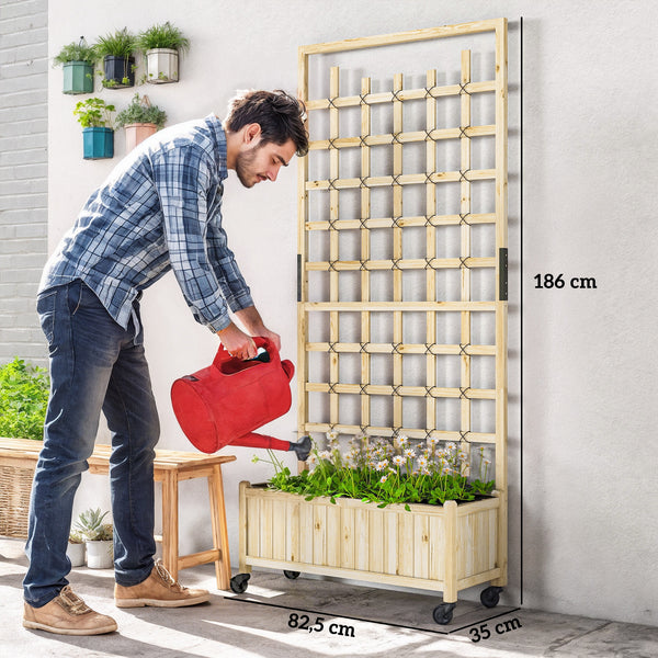 Jardinière avec treillis, bac à fleurs avec roues, lit surélevé, pour plantes grimpantes, légumes, fleurs, bois massif, intérieur et extérieur, cour jardin balcon, 82,5x35x186cm, bois naturel