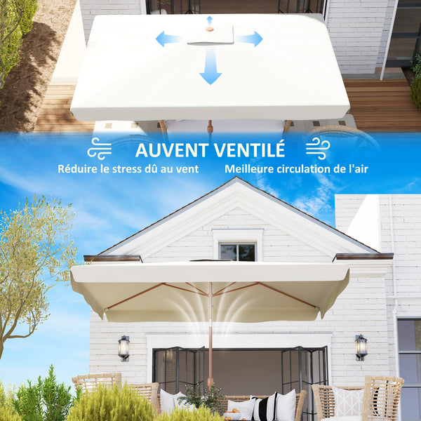 Parasol de jardin extérieur rectangulaire 200 x 300 cm, parasol inclinable 6 baleines en aluminium, tissu polyester 180g/m² protection UV avec manivelle, pour balcon jardin terrasse, crème