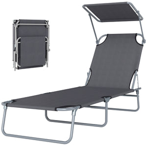 Transat Bain de Soleil Pliable Chaise Longue Pliante Grand Confort Dossier Inclinable Multi-positions et Pare-Soleil Réglable 187L x 58l x 36H cm Gris