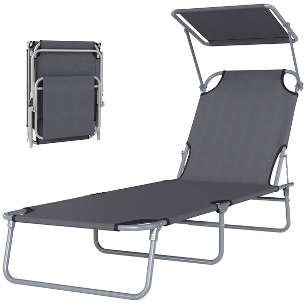 Transat Bain de Soleil Pliable Chaise Longue Pliante Grand Confort Dossier Inclinable Multi-positions et Pare-Soleil Réglable 187L x 58l x 36H cm Gris