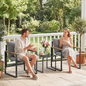 Salon de jardin 3 pièces 2 places avec 2 fauteuils 1 table basse, ensemble de jardin avec plateau en verre trempé et coussins épais, métal et textilène, pour patio, balcon, terrasse, gris