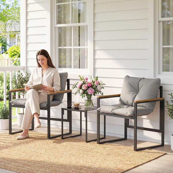 Salon de jardin 3 pièces 2 places avec 2 fauteuils 1 table basse, ensemble de jardin avec plateau en verre trempé et coussins épais, métal et textilène, pour patio, balcon, terrasse, gris