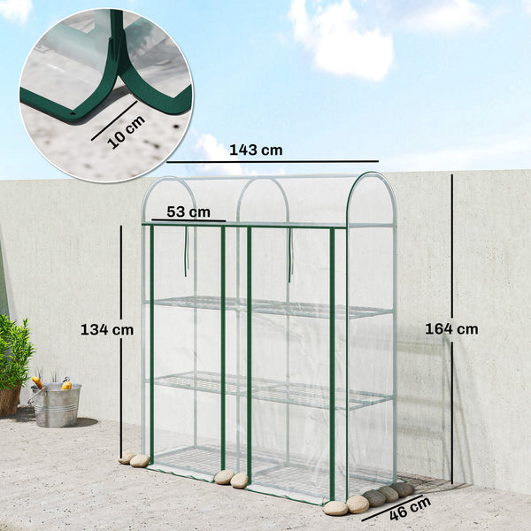 Serre de Jardin avec Étagères 3 Niveaux à Toit Arrondi, Petite Serre de Balcon en Bâche PVC et Châssis Acier, 2 Portes Roulantes, pour Légumes Plantes Fleurs, 143 x 46 x 165 cm, Transparent