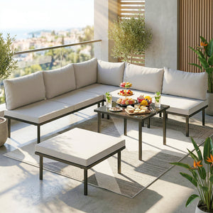 Ensemble salon de jardin 6 pièces, mobilier de jardin d'angle avec canapé 2 places, 3 chaises, repose-pieds, table en verre, coussins, salon extérieur en L en métal, Gris clair
