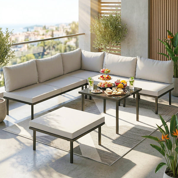 Ensemble salon de jardin 6 pièces, mobilier de jardin d'angle avec canapé 2 places, 3 chaises, repose-pieds, table en verre, coussins, salon extérieur en L en métal, Gris clair
