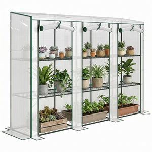 Serre de jardin PE avec étagères 3 niveaux, serre de balcon, bâche renforcée 140 g/m², châssis en acier, 2 portes zippées enroulables pour légumes plantes fleurs 215x46x151cm blanc