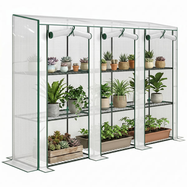 Serre de jardin PE avec étagères 3 niveaux, serre de balcon, bâche renforcée 140 g/m², châssis en acier, 2 portes zippées enroulables pour légumes plantes fleurs 215x46x151cm blanc