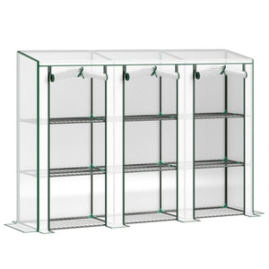 Serre de jardin PE avec étagères 3 niveaux, serre de balcon, bâche renforcée 140 g/m², châssis en acier, 2 portes zippées enroulables pour légumes plantes fleurs 215x46x151cm blanc