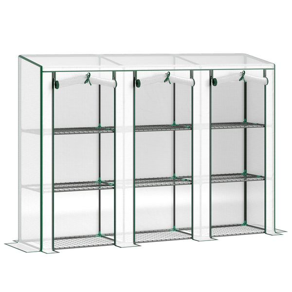 Serre de jardin PE avec étagères 3 niveaux, serre de balcon, bâche renforcée 140 g/m², châssis en acier, 2 portes zippées enroulables pour légumes plantes fleurs 215x46x151cm blanc