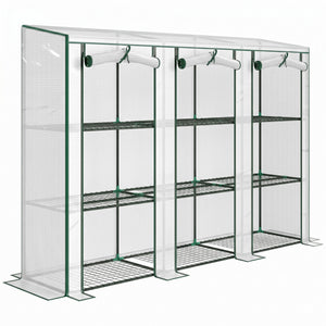 Serre de jardin PE avec étagères 3 niveaux, serre de balcon, bâche renforcée 140 g/m², châssis en acier, 2 portes zippées enroulables pour légumes plantes fleurs 215x46x151cm blanc