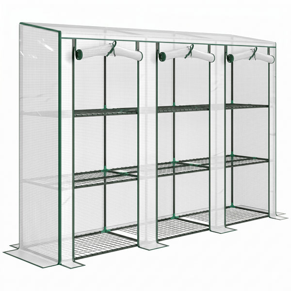Serre de jardin PE avec étagères 3 niveaux, serre de balcon, bâche renforcée 140 g/m², châssis en acier, 2 portes zippées enroulables pour légumes plantes fleurs 215x46x151cm blanc