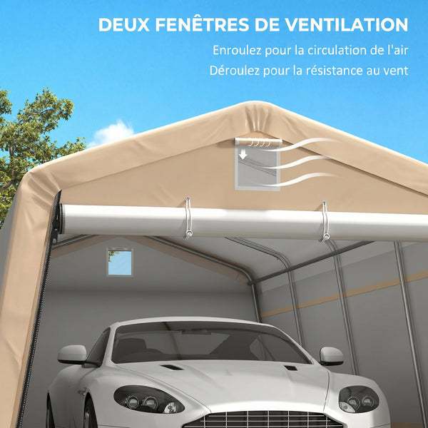 Tente garage carport dim. 6,2L x 3,3l x 2,4H m acier galvanisé robuste PE haute densité 150 g/m² imperméable anti-UV, 1 porte kaki et 2 aérations