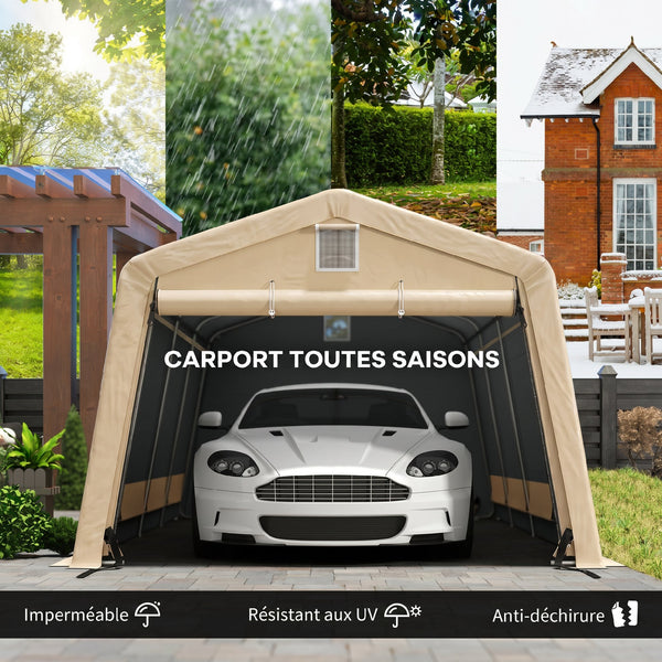 Tente garage carport dim. 6,2L x 3,3l x 2,4H m acier galvanisé robuste PE haute densité 150 g/m² imperméable anti-UV, 1 porte kaki et 2 aérations