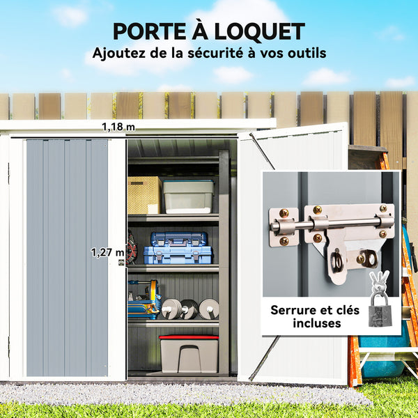 Abri de Jardin - cabane de jardin 1,09 m² - cabanon rangement outils 2 Portes verrouillables - dim. 147L x 86l x 134H cm - tôle d'acier Gris clair Blanc