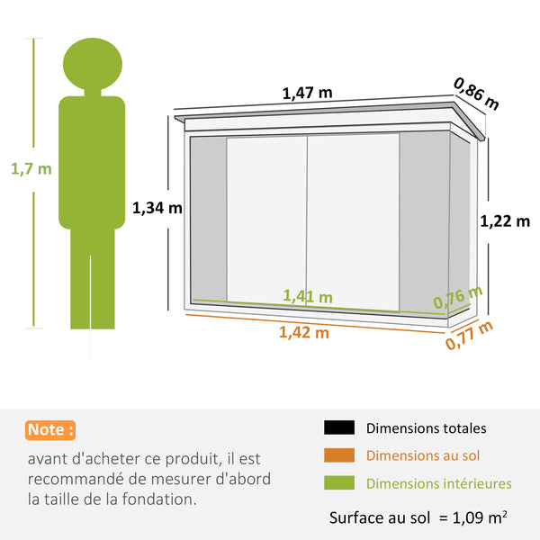 Abri de Jardin - cabane de jardin 1,09 m² - cabanon rangement outils 2 Portes verrouillables - dim. 147L x 86l x 134H cm - tôle d'acier Gris clair Blanc