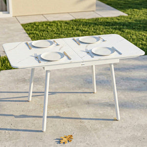 Table de Jardin Rectangulaire pour 4-6 Personnes, Plateau en WPC et Structure en Métal, Pieds Réglables, Table à Manger Extérieure pour Balcon Porche Terrasse, 140x80x75cm, Blanc