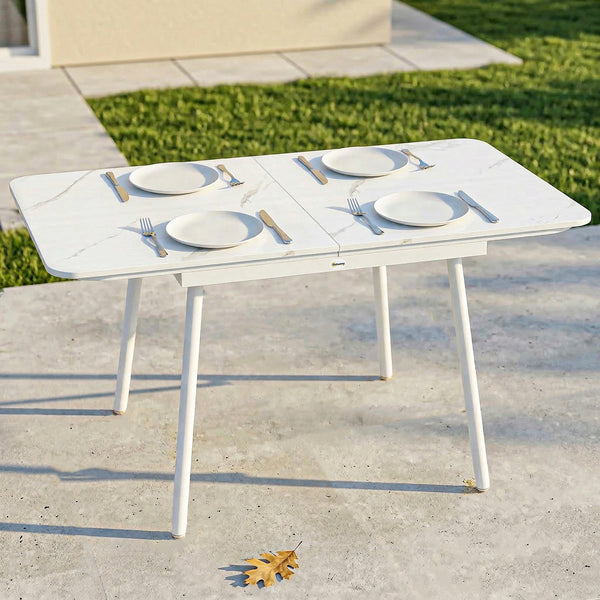 Table de Jardin Rectangulaire pour 4-6 Personnes, Plateau en WPC et Structure en Métal, Pieds Réglables, Table à Manger Extérieure pour Balcon Porche Terrasse, 140x80x75cm, Blanc