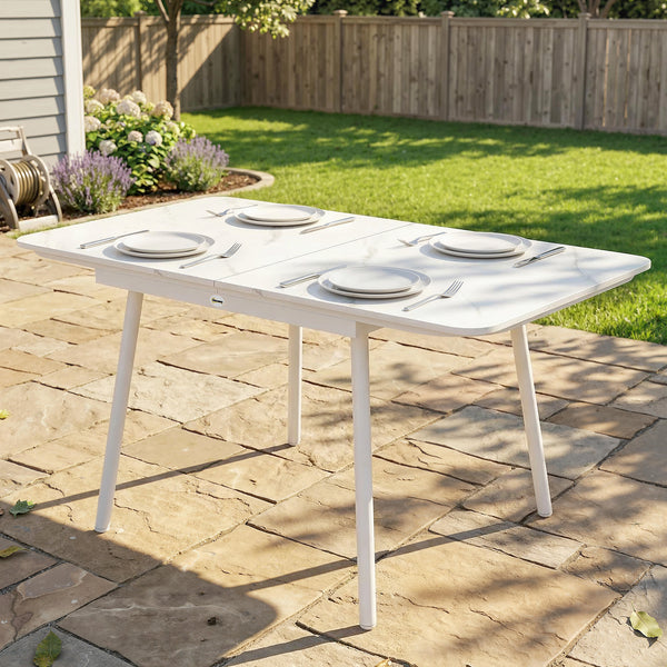 Table de Jardin Rectangulaire pour 4-6 Personnes, Plateau en WPC et Structure en Métal, Pieds Réglables, Table à Manger Extérieure pour Balcon Porche Terrasse, 140x80x75cm, Blanc