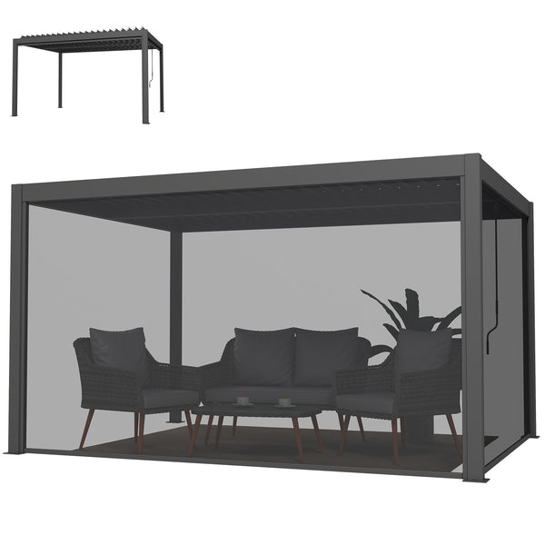 Pergola bioclimatique 4x3m, pergola aluminium avec lames orientables, manivelle, stores latéraux coupe-vent, tonnelle de jardin abri terrasse, protection soleil, imperméable, gris foncé