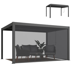 Pergola bioclimatique 4x3m, pergola aluminium avec lames orientables, manivelle, stores latéraux coupe-vent, tonnelle de jardin abri terrasse, protection soleil, imperméable, gris foncé
