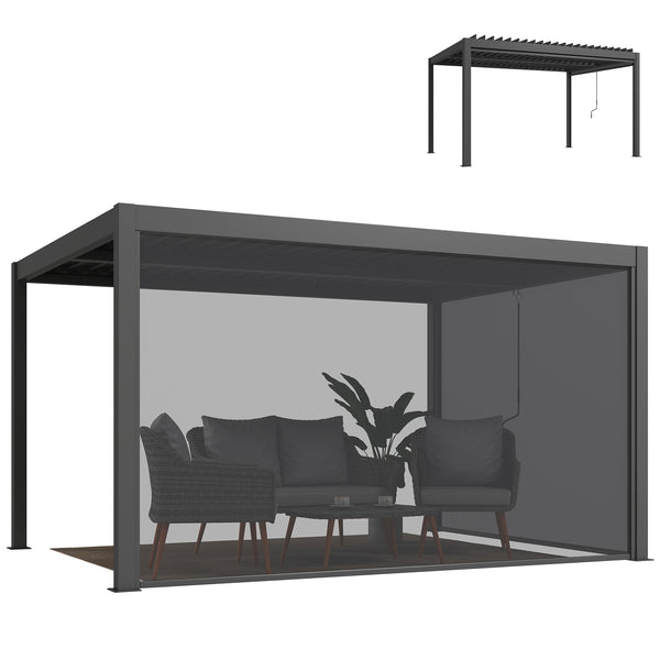 Pergola bioclimatique 4x3m, pergola aluminium avec lames orientables, manivelle, stores latéraux coupe-vent, tonnelle de jardin abri terrasse, protection soleil, imperméable, gris foncé