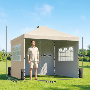 Tonnelle de jardin 3 x 3 m pop up tente pliante réglable en hauteur imperméable protection UV50+ tonnelle pliante avec 3 parois latérales sacs de sable sac de transport à Roulettes crème
