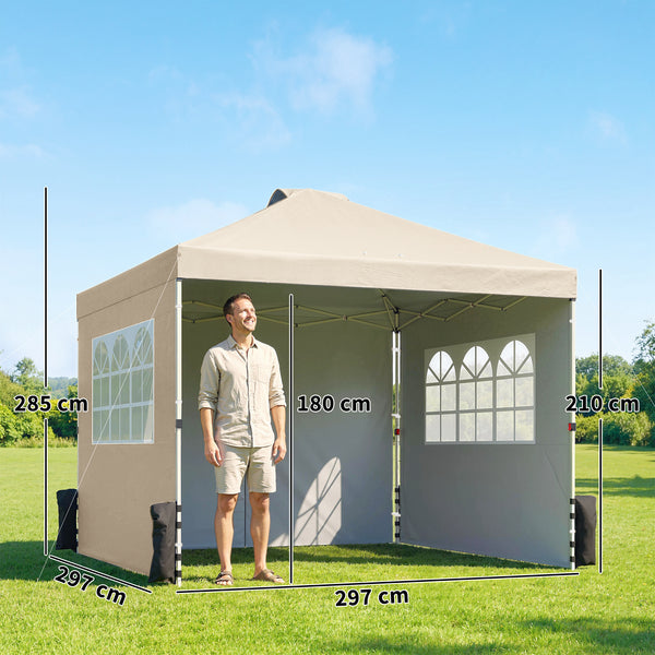 Tonnelle de jardin 3 x 3 m pop up tente pliante réglable en hauteur imperméable protection UV50+ tonnelle pliante avec 3 parois latérales sacs de sable sac de transport à Roulettes crème
