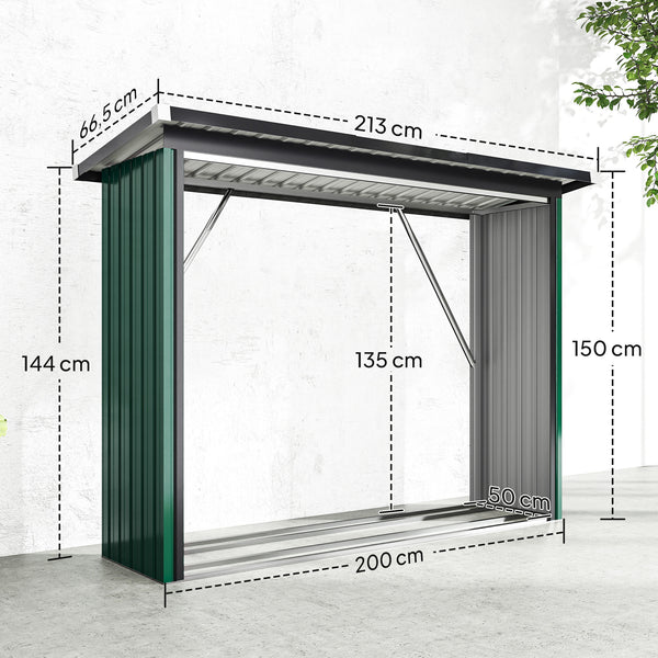 Abri-bûches Couvert en Acier Galvanisé, Support pour Bois de Chauffage Robuste, Montage Rapide, Étagère à Bûches Extérieur Plancher Surélevé Toit Incliné, 213x66,5x150cm, Vert