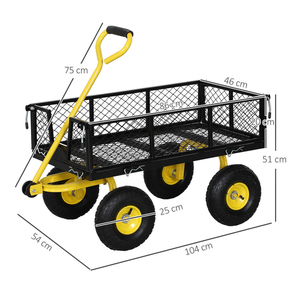 Chariot de jardin en acier, chariot de transport, côtés amovibles transformable en plateau, 4 roues, 200 kg, charrette, remorque, poignée rotative à 180°, noir et jaune