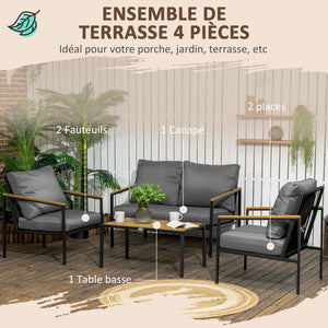 Ensemble salon de jardin 4 pièces 4 personnes avec canapé 2 places, fauteuils et table basse 8 coussins - acier noir polyester gris foncé