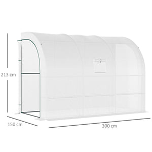 Serre de Jardin Adossée avec Étagères 3 Niveaux, Petite Serre de Balcon en Bâche PE 140 g/㎡ Renforcée et Châssis Acier, pour Légumes et Fleurs, Intérieur et Extérieur, 300x150x213cm, Blanc