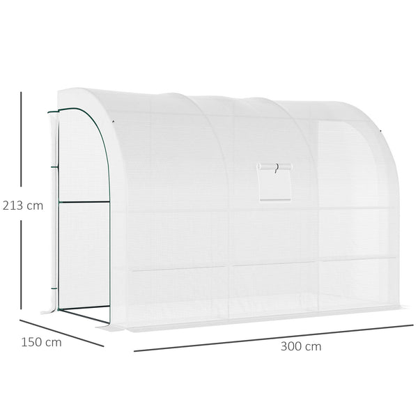 Serre de Jardin Adossée avec Étagères 3 Niveaux, Petite Serre de Balcon en Bâche PE 140 g/㎡ Renforcée et Châssis Acier, pour Légumes et Fleurs, Intérieur et Extérieur, 300x150x213cm, Blanc