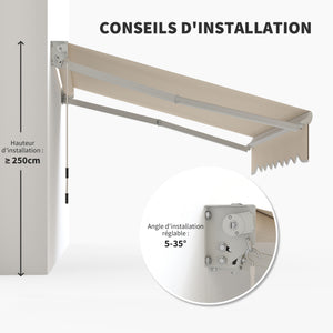 Store banne manuel rétractable 200 x 250 cm store exterieur terrasse avec manivelle métallique, imperméable et anti-UV, aluminium et polyester 280 g/m², protection UV, crème