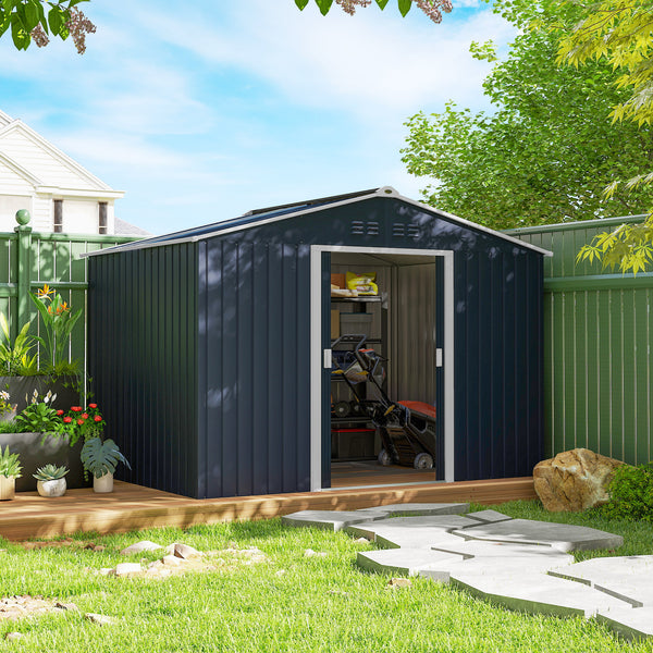 Abri de jardin en acier galvanisé XXL 5,4 m² avec kit de fondation 277x195x192cm, cabane de jardin toit en fibre de verre, cabanon rangement outils portes coulissantes 4 aérations gris foncé