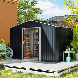 Abri de jardin en acier galvanisé XXL 5,4 m² avec kit de fondation 277x195x192cm, cabane de jardin toit en fibre de verre, cabanon rangement outils portes coulissantes 4 aérations gris foncé