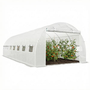 Serre de jardin tunnel 24m² 8L x 3l x 2H m - 16 fenêtres, Porte zippée Enroulable - châssis Tubulaire Acier galvanisé, bâche PE Haute densité Blanc