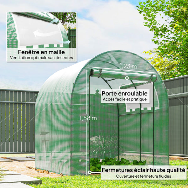 Serre Tunnel de Jardin 3,24m², Serre de Jardin Tunnel 180x180x200cm avec Cadre en Acier, Porte et Fenêtre Enroulables, pour Extérieur, Toutes Saisons, Légumes, Fruits, Fleurs, Bâche PE, Verte