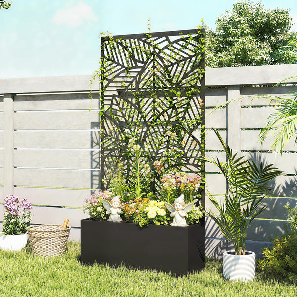 Jardinière avec treillis, bac à fleurs, lit surélevé avec brise-vue, pour plantes grimpantes, légumes, métal, intérieur et extérieur, 90 x 30 x 170 cm, noir